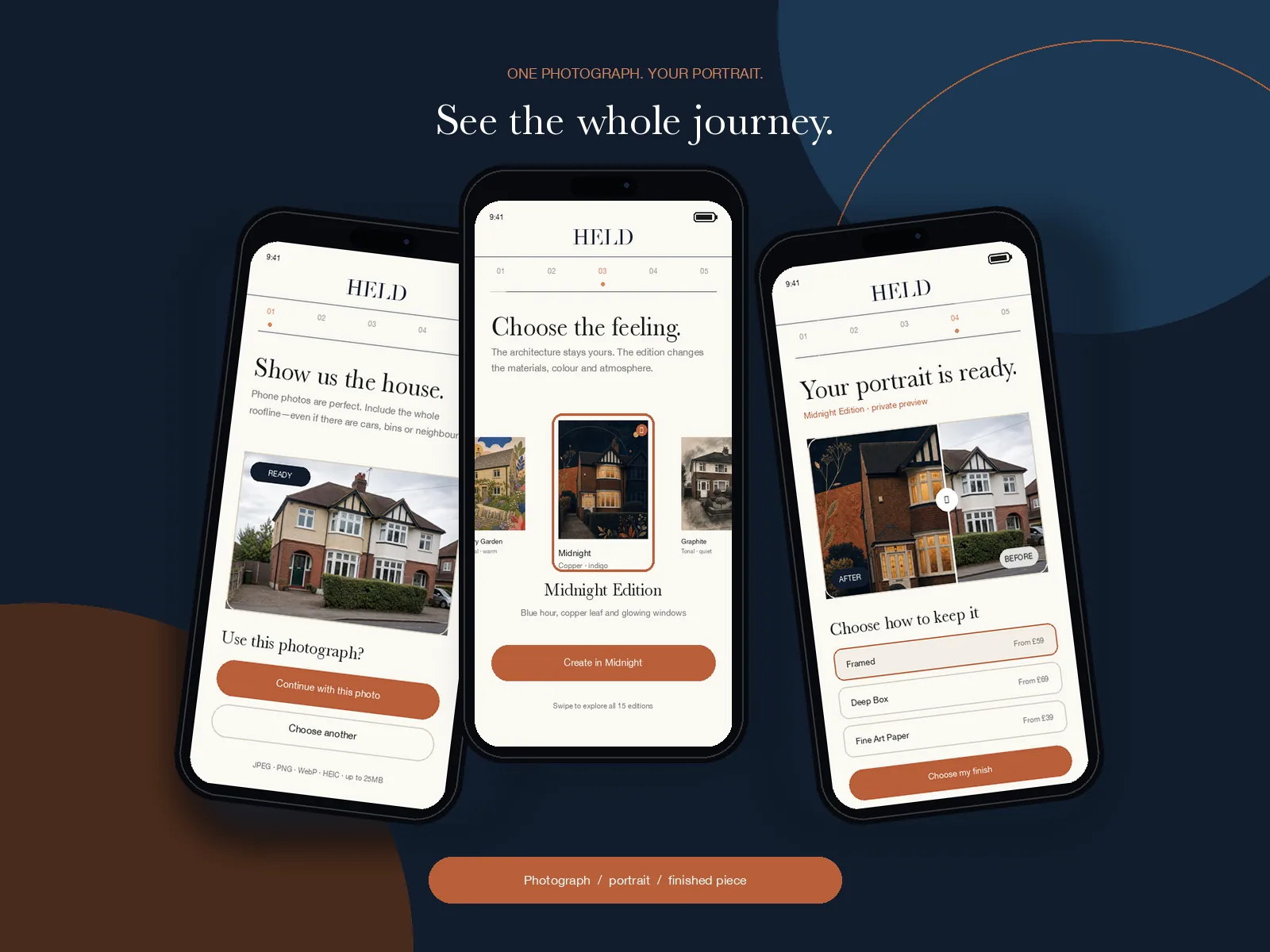 Three phones showing the HELD journey: the photograph, choosing an edition, and the finished portrait.