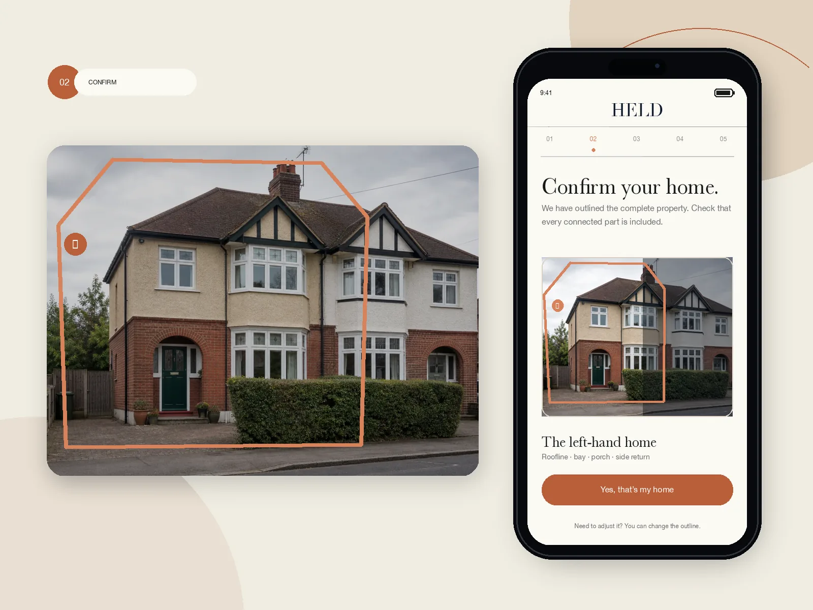 The correct half of a semi-detached house outlined in copper beside the HELD property confirmation screen.