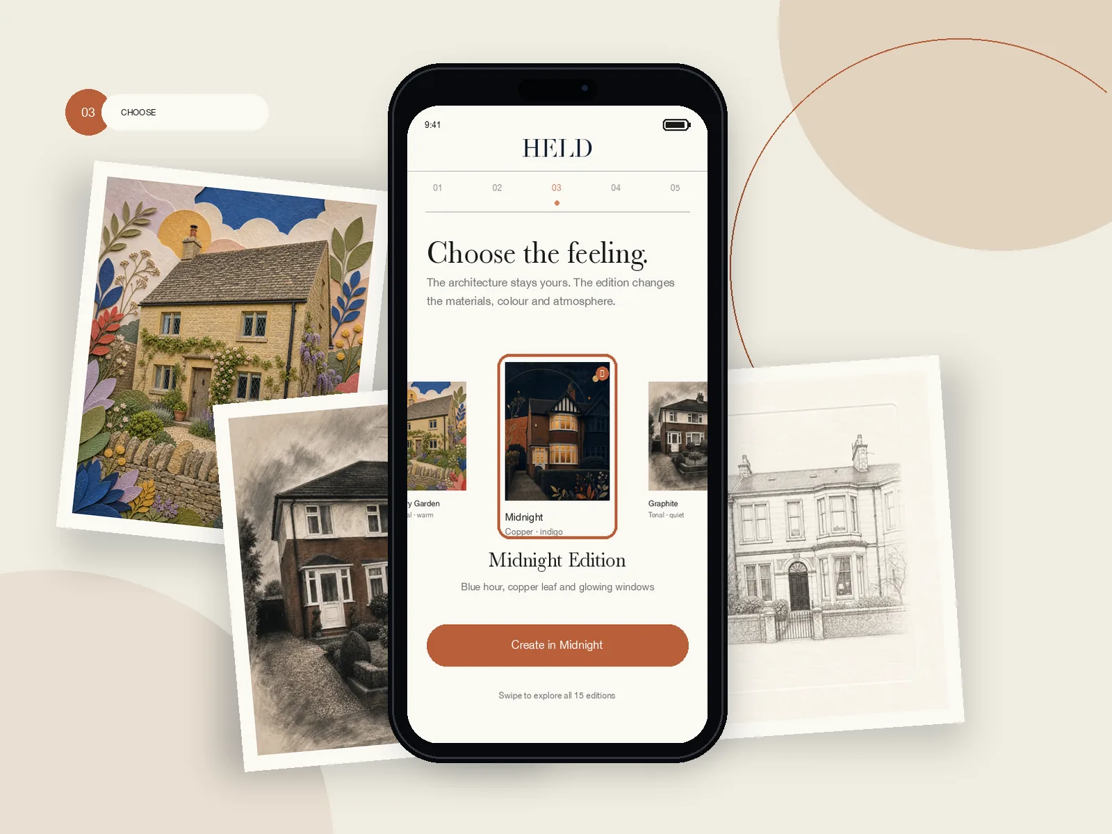 The HELD edition selector surrounded by Memory Garden, Graphite and Lineage house portrait styles.