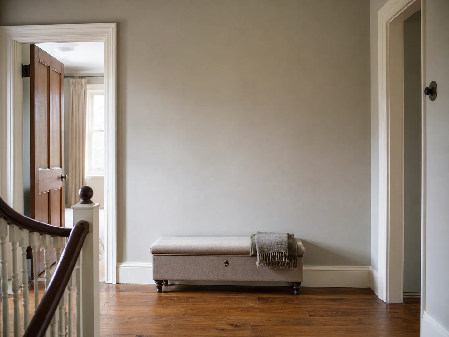 A British stair landing with a portrait above a low bench